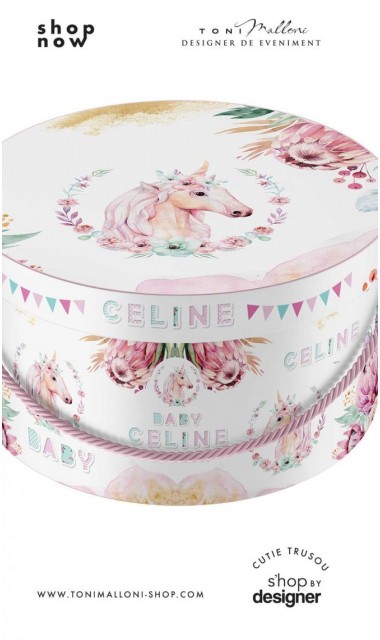 Cutie unicorni pentru trusou rotunda din mucava ideala pentru botez tematica unicornii si primavara 2